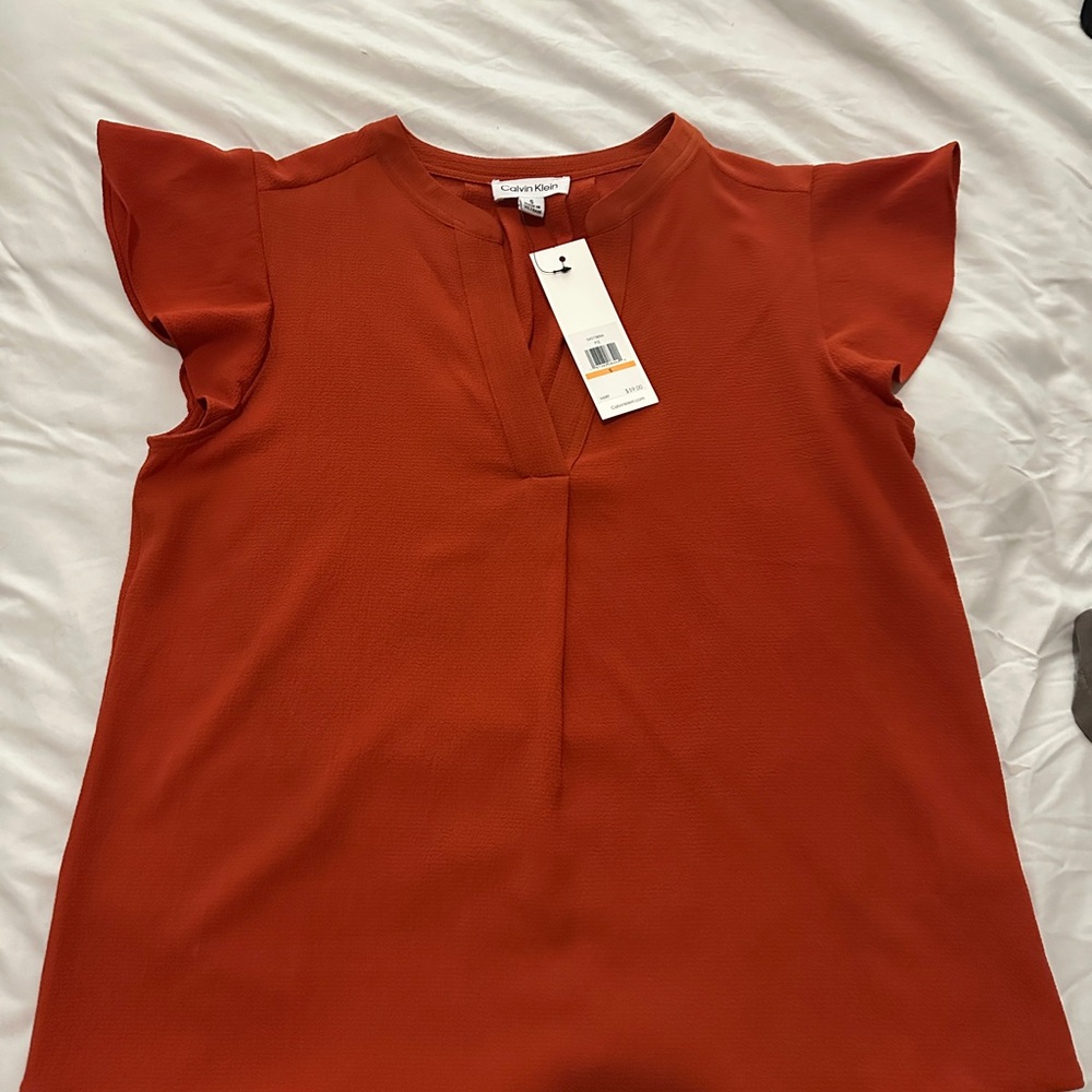 Calvin Klein Brown Ruffled Blouse with Mandarin Collar